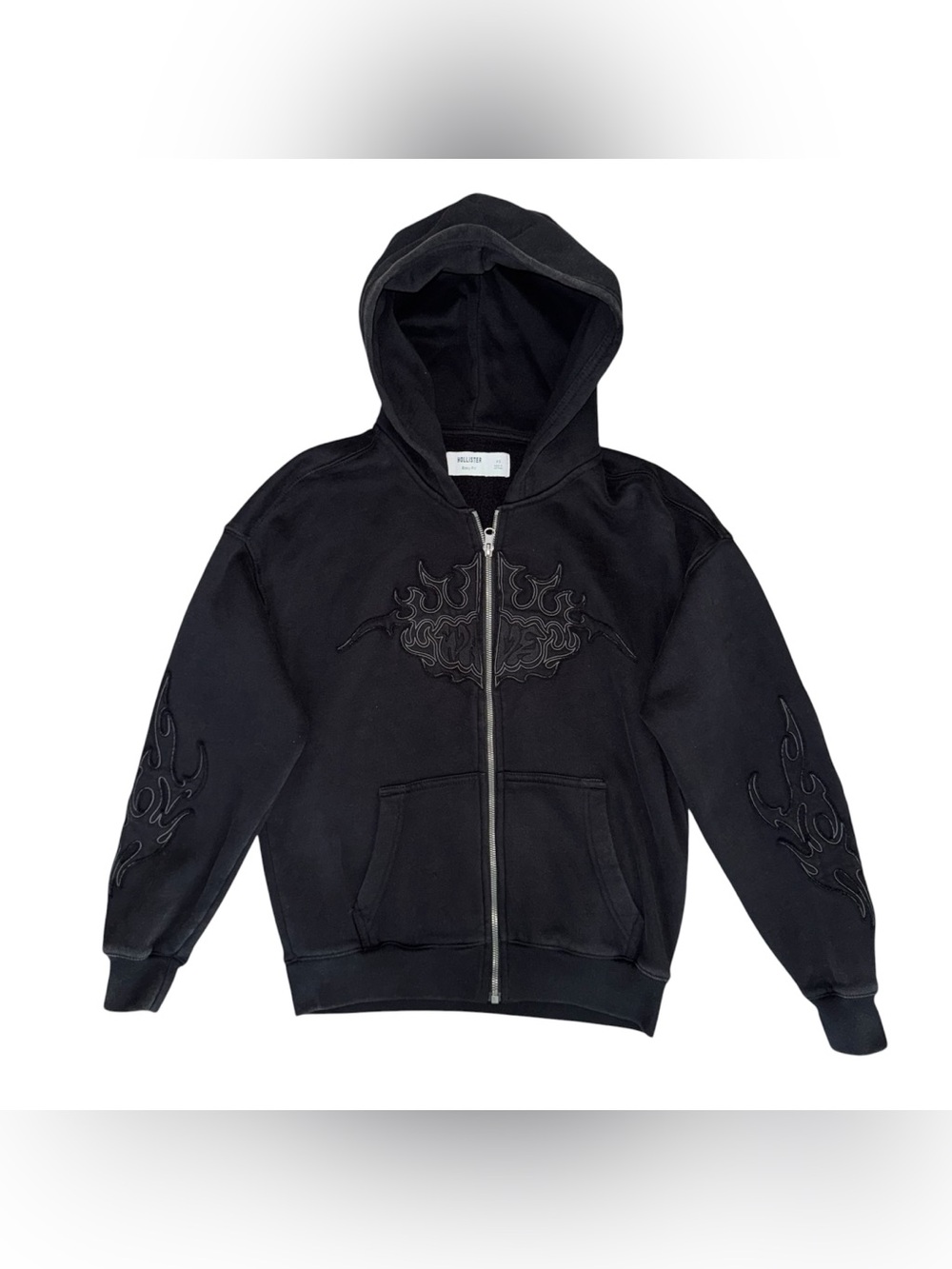 Hollister Black Boxy Fit Flame Embroidered Full Zip Hoodie